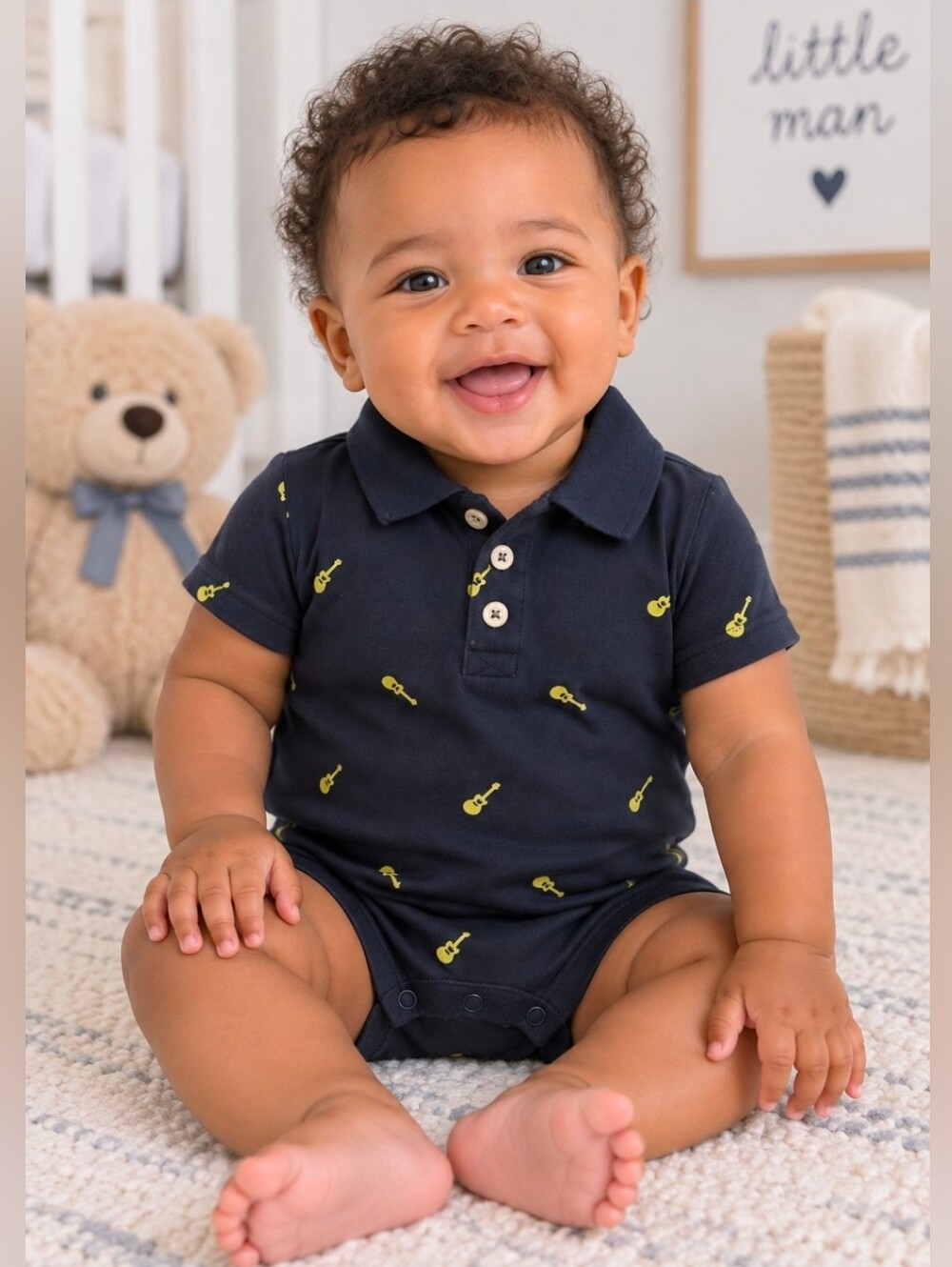 6 Month Carter’s Baby Boy Navy Guitar Print Polo Romper One Piece